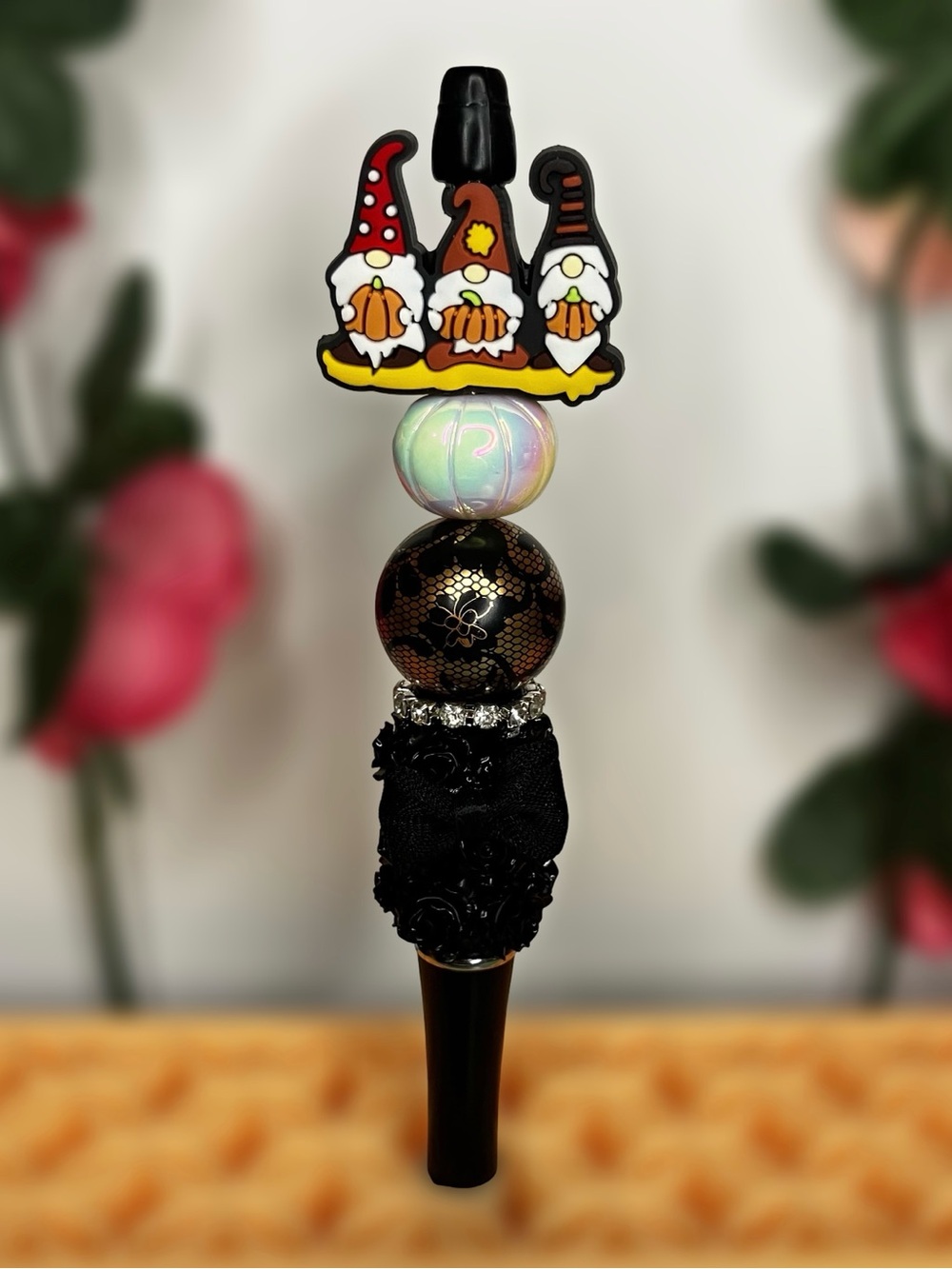 Gnomes at the Pumpkin Patch Festive Fall Halloween Beaded Pen with Black Roses
